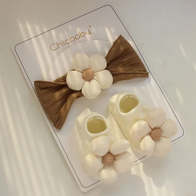 2Pcs Flower Baby Headband Socks Set Soft Nylon Hairband for Newborn Girl Elastic Floral Turban Short Sock Infant Headwear | Color B