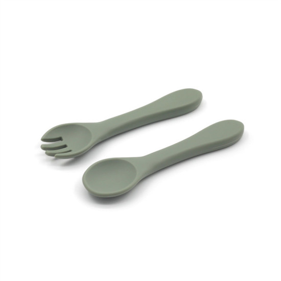 Silica Gel Spoon and Fork Set| Kids Tableware Spoon | BPA FREE Silicone | Avocado Green