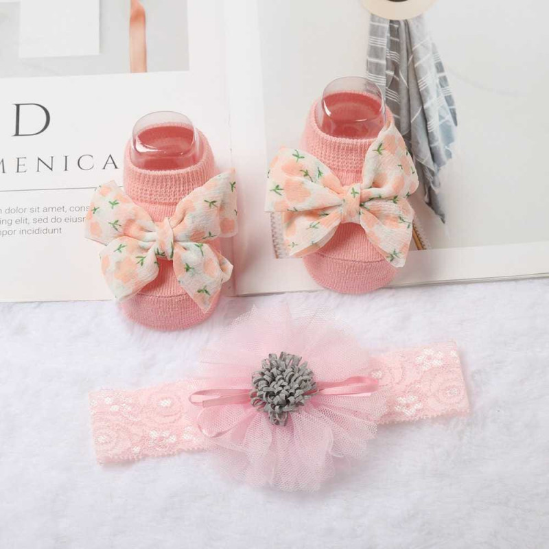 Top Selling Bow Hairband & Socks Set | 0-12 Months | Baby Accessories Sets | Pink Green Flower Top Selling Bow Hairband & Socks Set | 0-12 Months | Baby Accessories Sets | Pink Green Flower