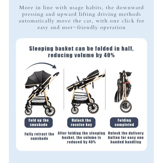 Luxury Baby Stroller with Carrycot & Car Seat Foldable Aluminum Alloy Frame| Color Black