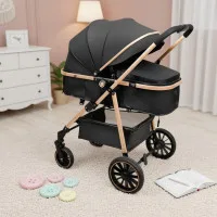 Luxury Baby Stroller with Carrycot & Car Seat Foldable Aluminum Alloy Frame| Color Black