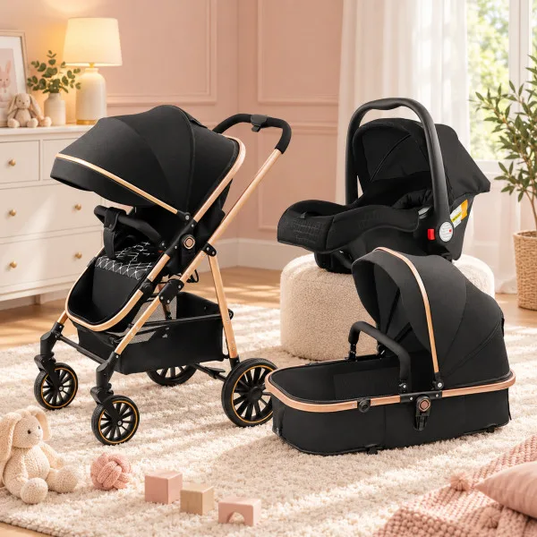 Luxury Baby Stroller with Carrycot & Car Seat Foldable Aluminum Alloy Frame| Color Black